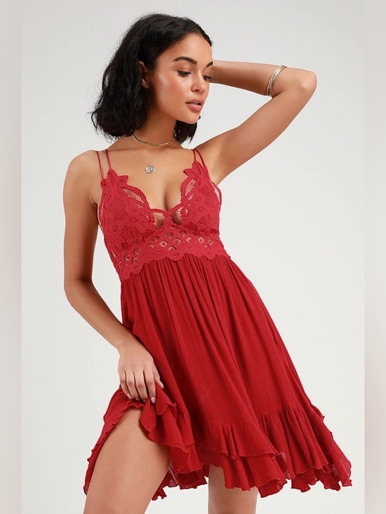 Free People Dresses & Skirts - Free People Adella Slip Dress Dark Cherry Red Sz M Lace Boho Babydoll Mini Dress